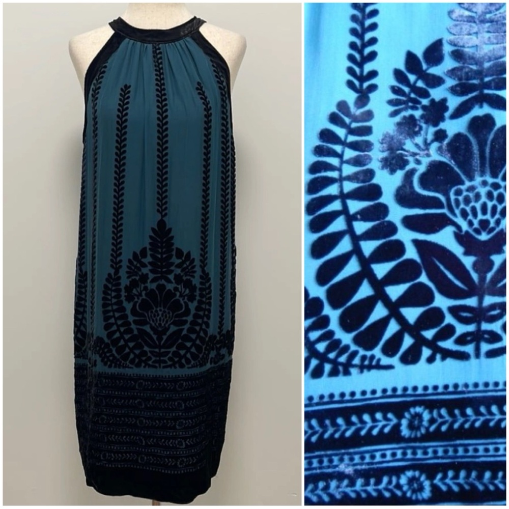 Max Studio Teal Velvet Print Sleeveless Silk Blend Halter Top Size M